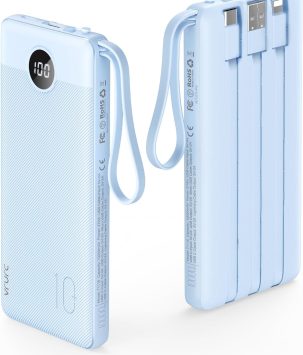 VRURC 10000mAh Power Bank Built-in Cables, Portable Charger with LED Display, Slim Travel Battery Pack with Cords, 5 Output Dual Input Phone Charger for Cell Phone Smart Devcies-Blue(1 Pack)
